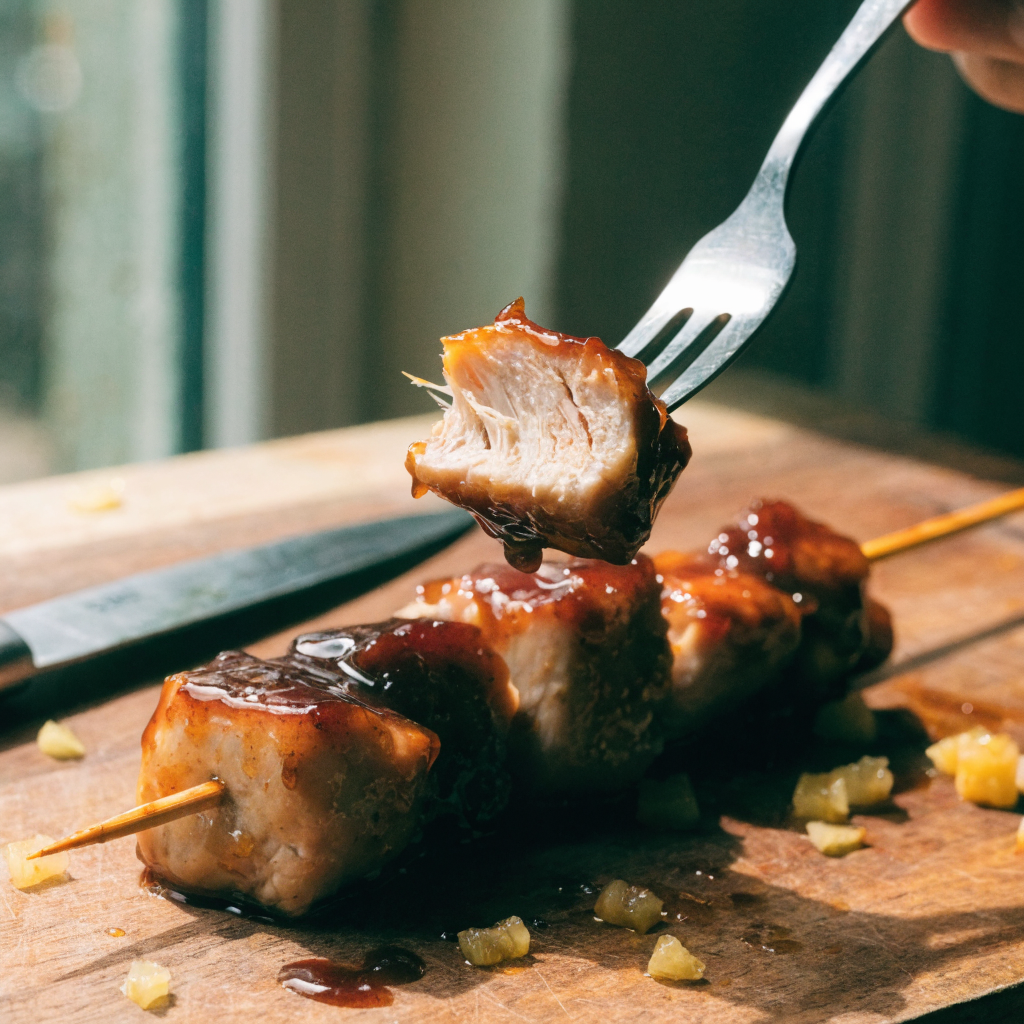 Close-up of bbq pineapple chicken kabobs