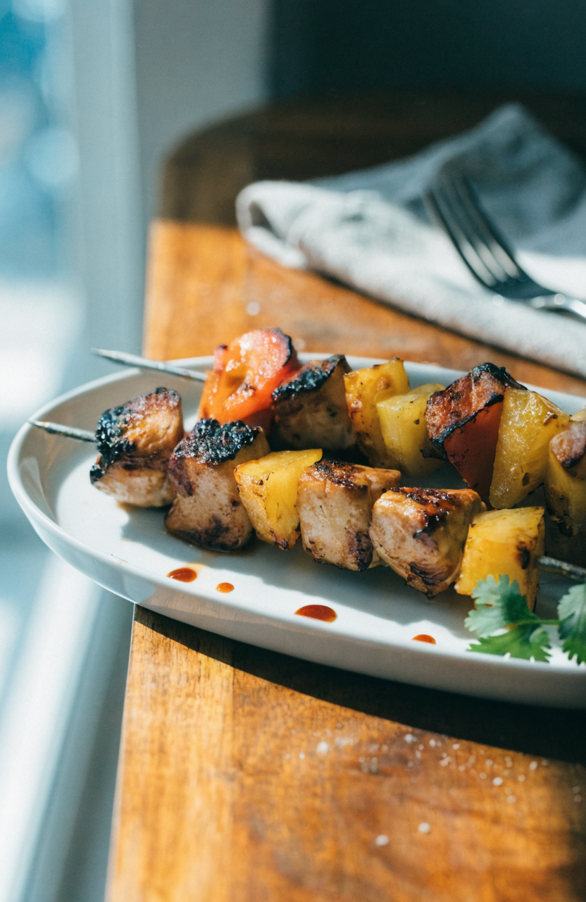 Grilled skewers with charred pineapple and chicken, bbq pineapple chicken kabobs on a white platter with cilantro garnish