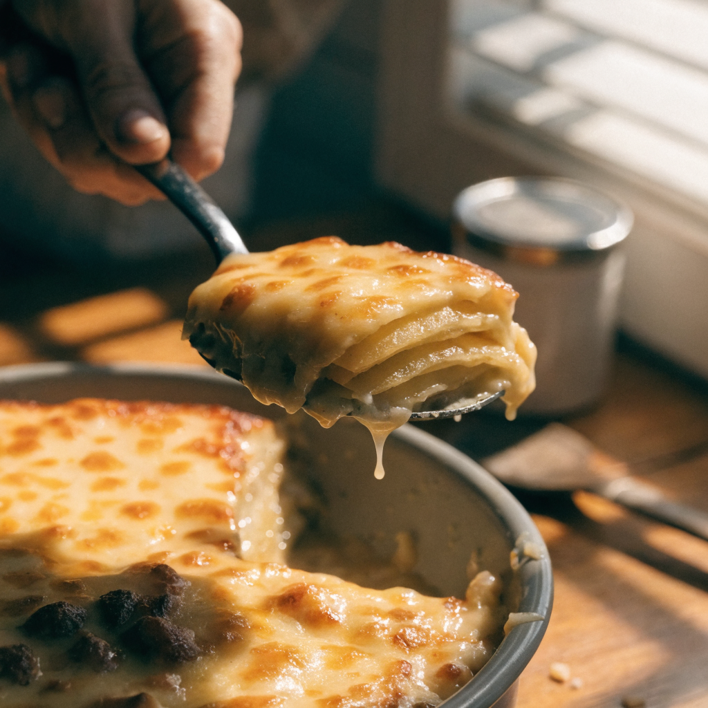Close-up of cheesy scalloped potatoes