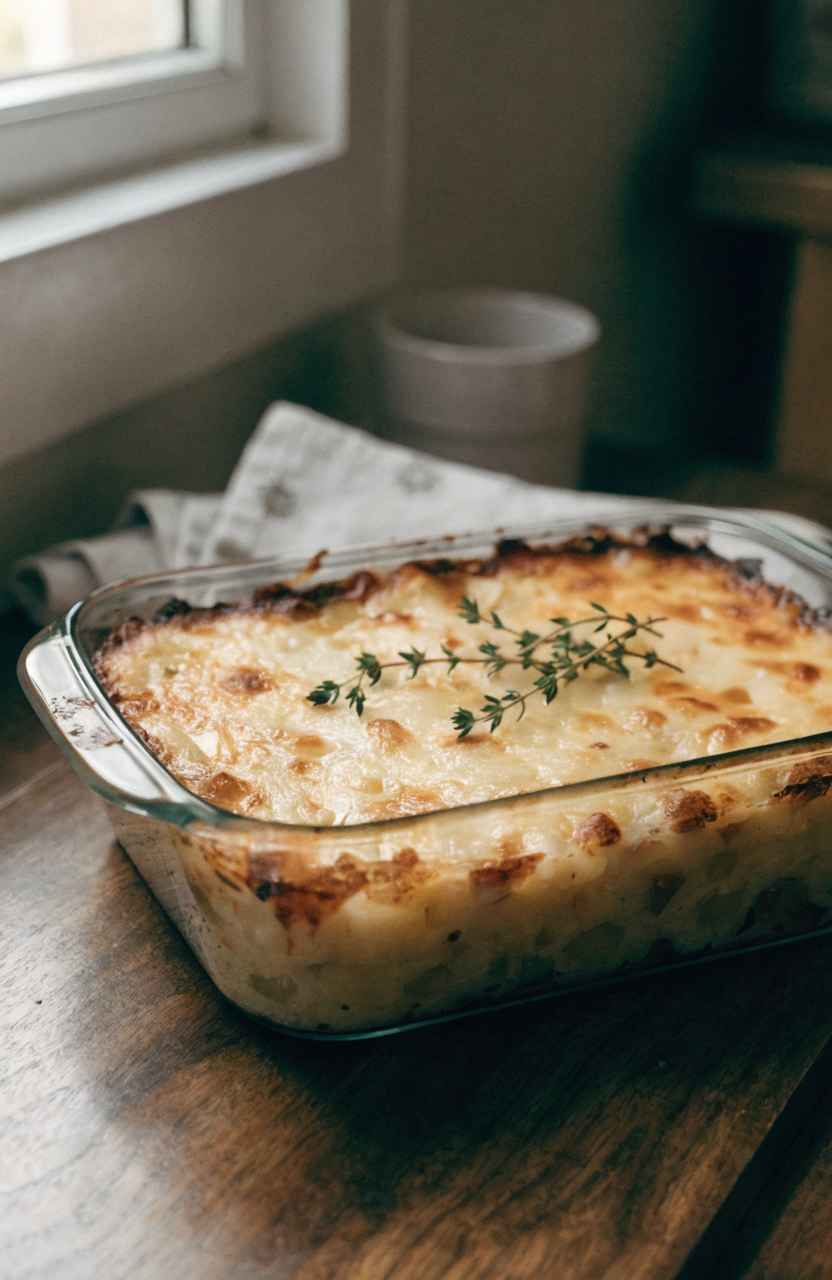 A serving of cheesy scalloped potatoes in a 9x13-inch dish garnished with thyme