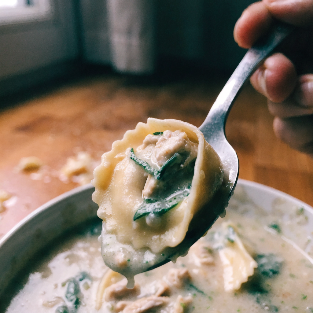 Close-up of easy chicken tortellini soup