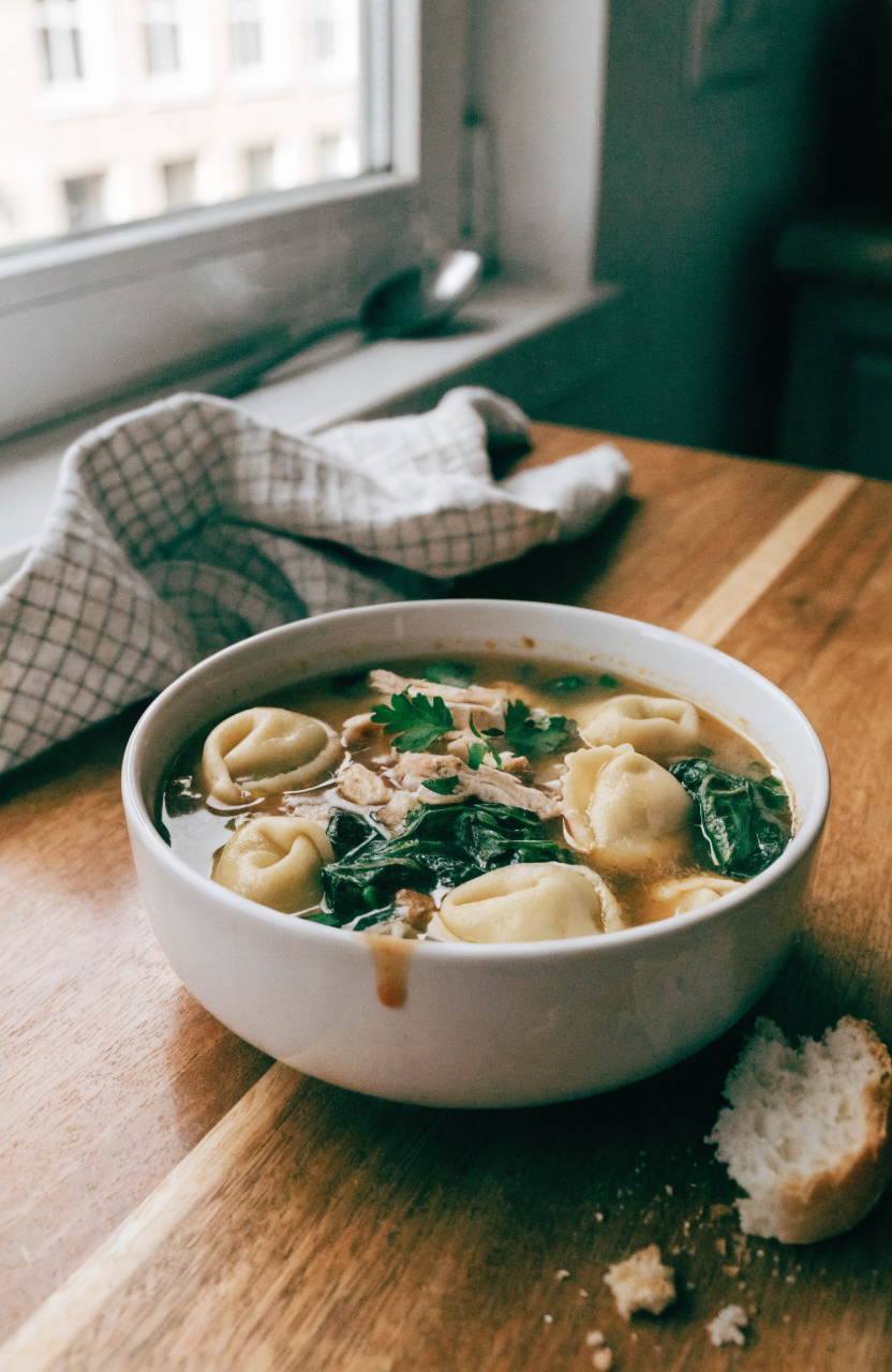 Bowl of chicken tortellini soup with spinach and parsley in a white bowl