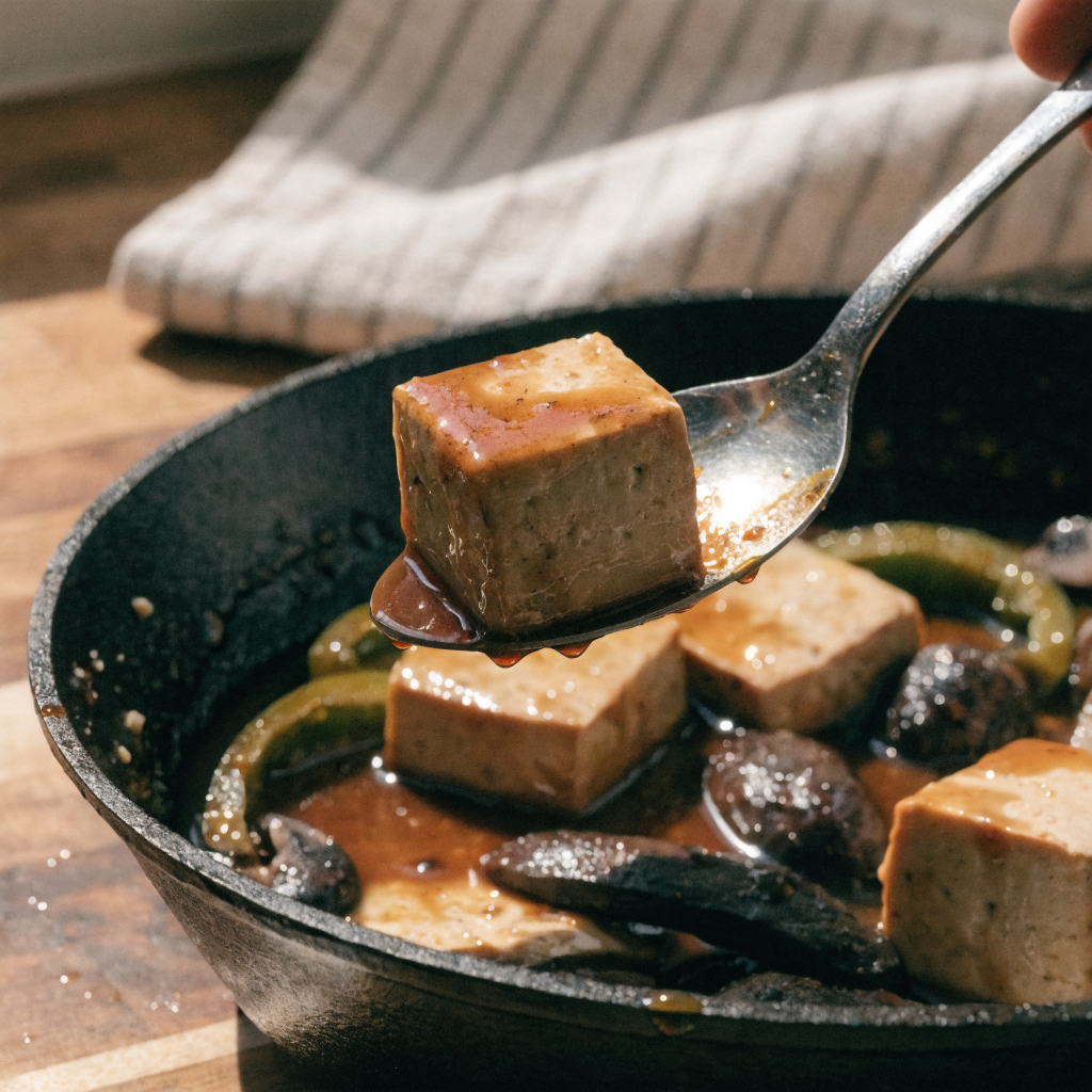 Close-up of mushroom and tofu stir-fry (25-minute weeknight dinner)