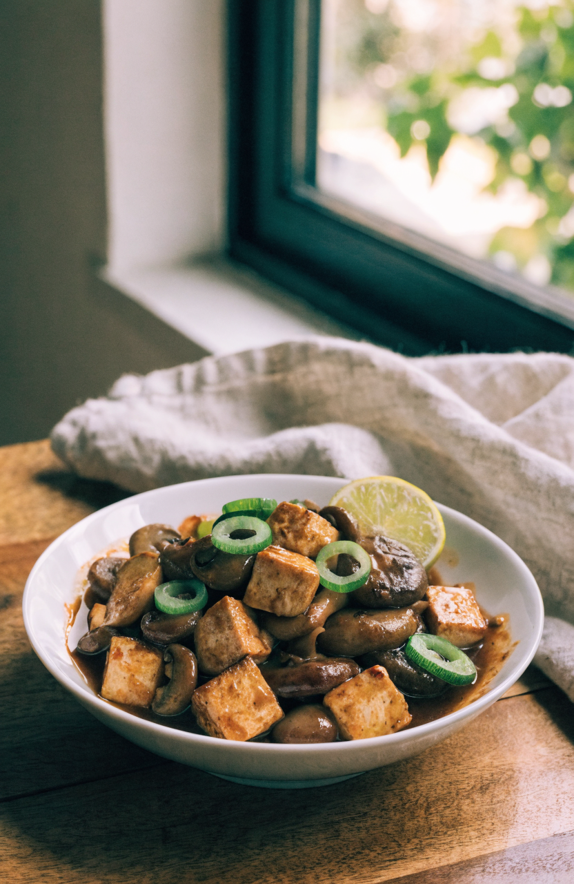 Mushroom tofu stir-fry served in a shallow bowl with green onions and lime, showing the glossy sauce
