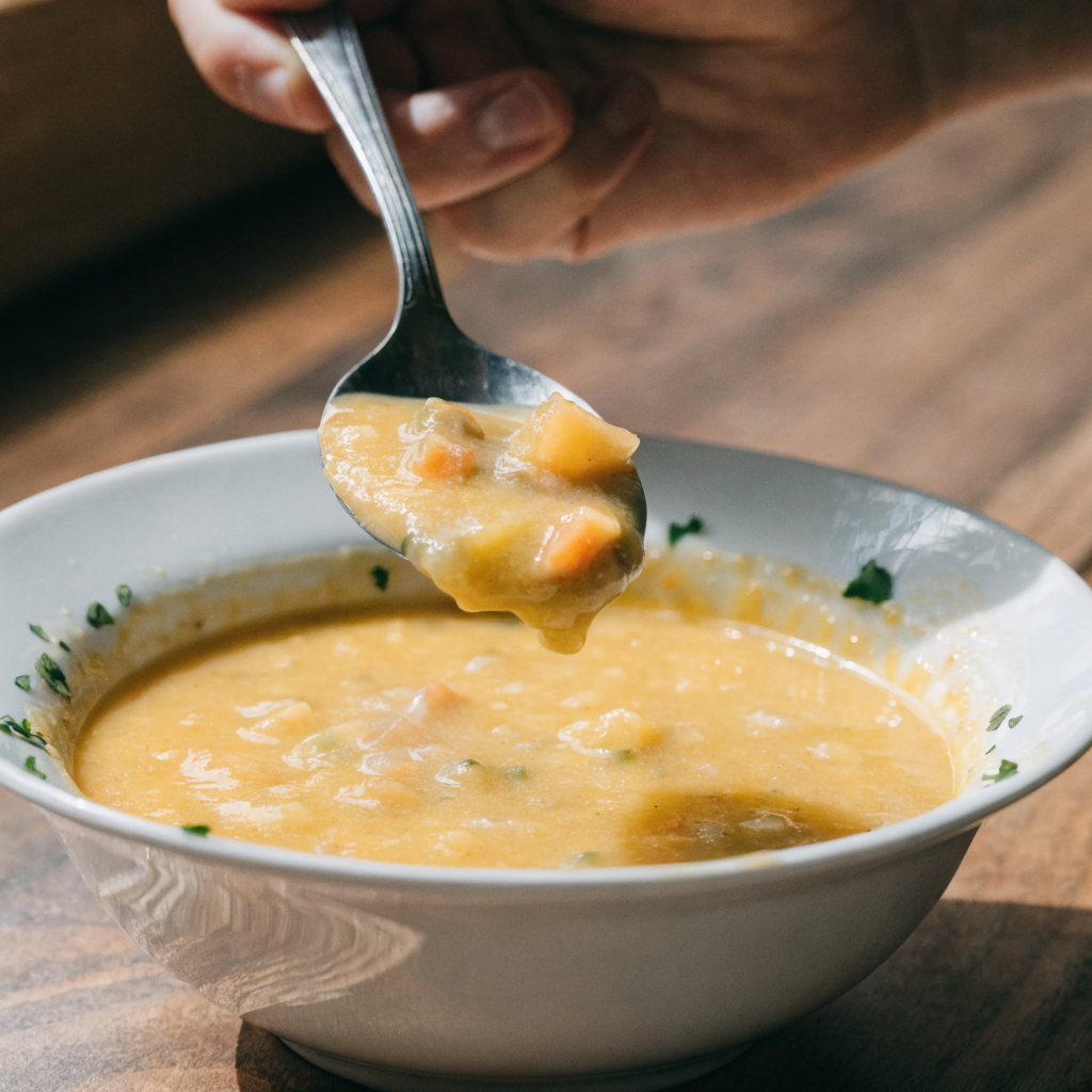 Close-up of one pot creamy vegetable soup