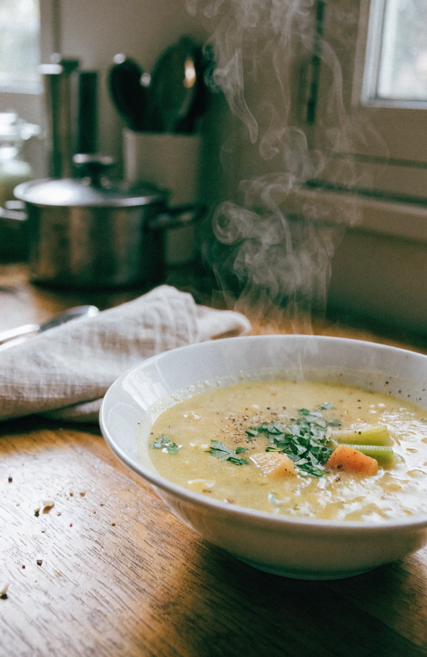 Bowl of one pot creamy vegetable soup garnished with parsley and croutons on a wooden table