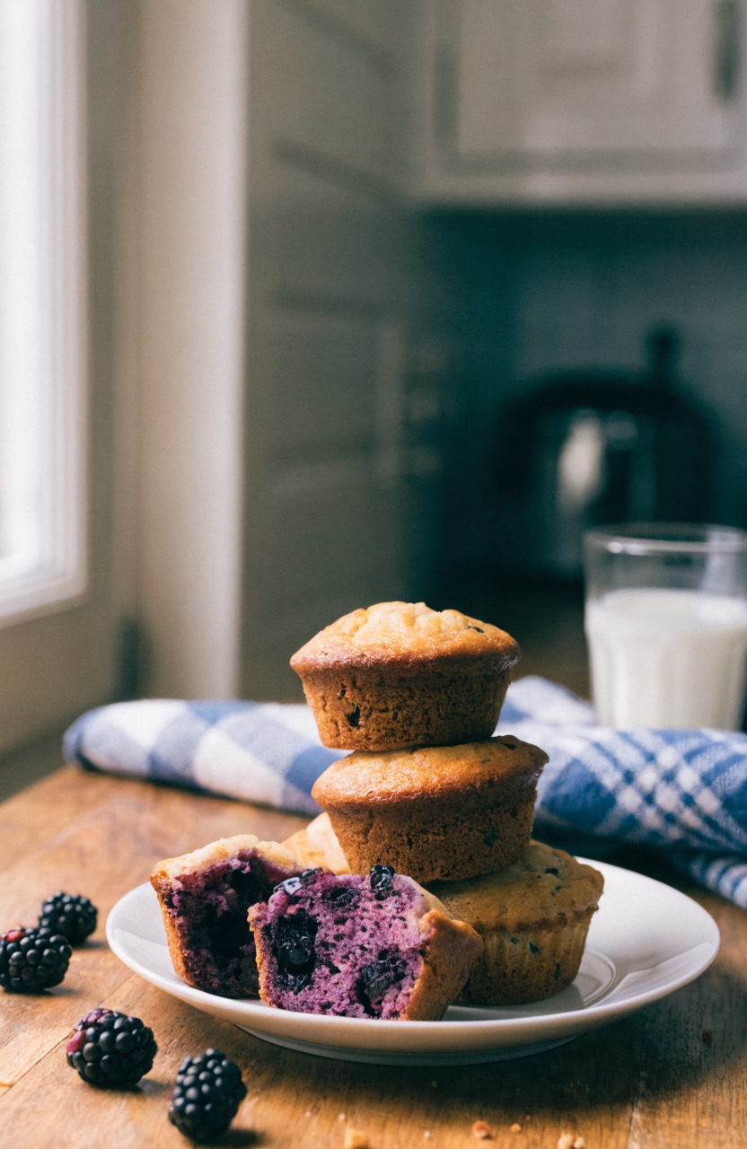 A plate of golden-topped blackberry muffins with scattered fresh blackberries showing the filling