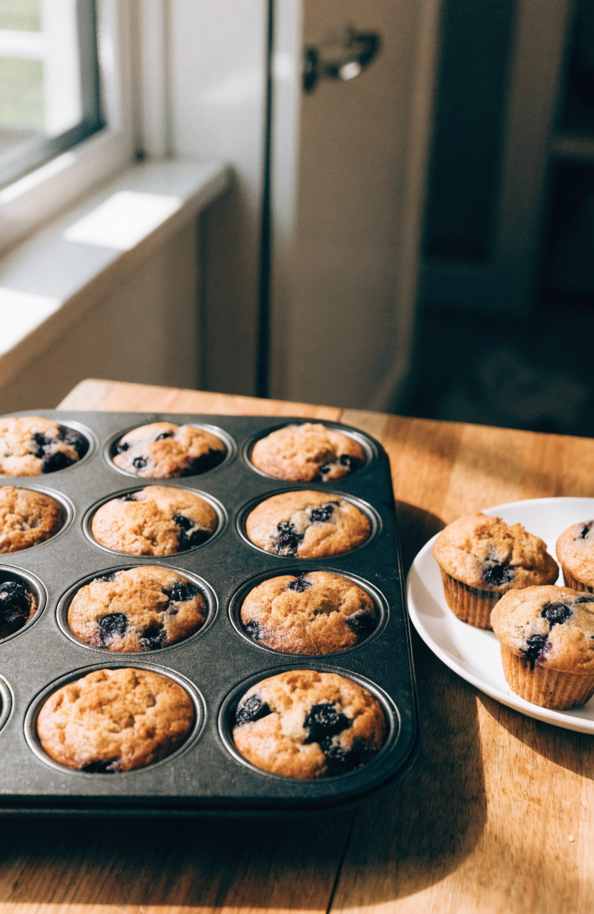 A plate of blueberry muffins with cinnamon crumble showing a golden top and berries in a basket